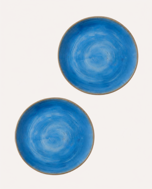 Kit de 2 Pratos Rasos Artesanal Azul Fosco em Cerâmica