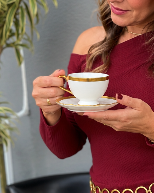 Xícara de Chá - Dubai Branco e Dourado em Porcelana