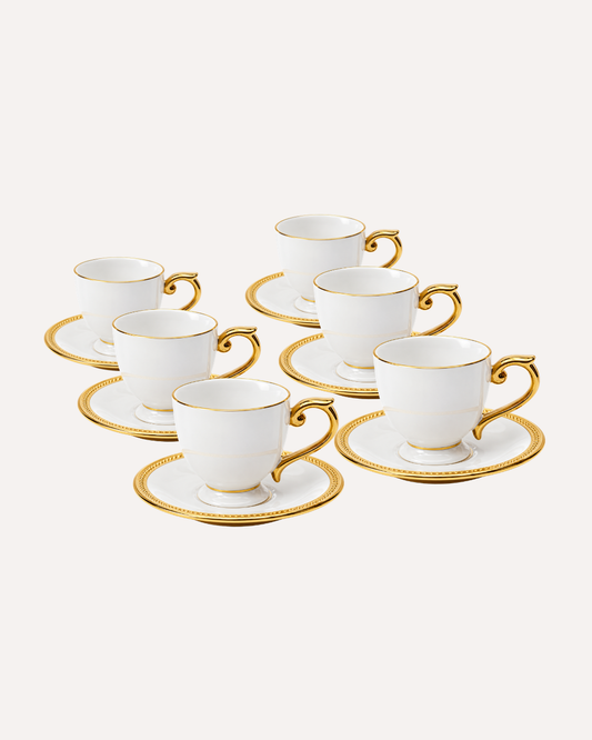 Kit de 6 Xícaras de Café Paddy Fio Dourado Branco em Porcelana