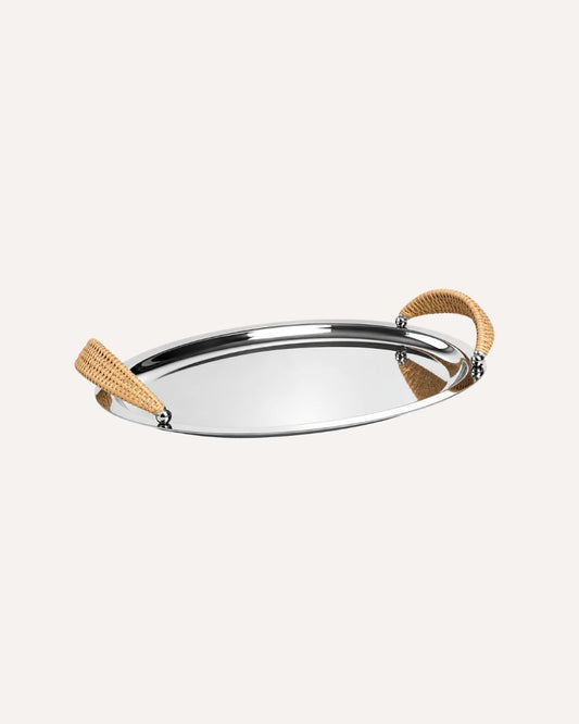 Bandeja em Aço Inox com Alça Rattan 38cm
