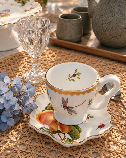 Kit com 2 Xícaras de Café e Pires Botanique Quince em Porcelana 90 ml