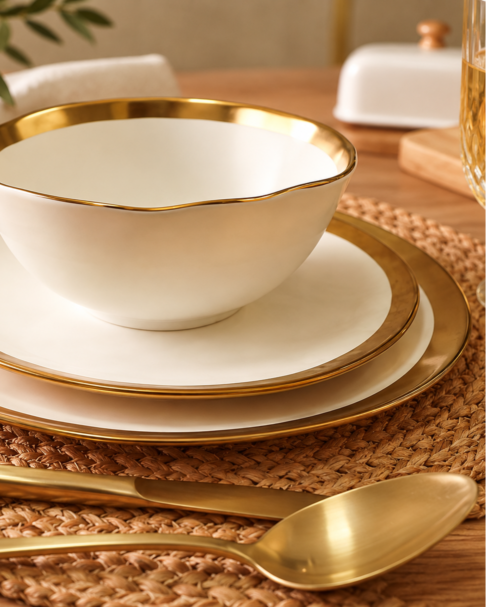 Prato de Sobremesa - Dubai Branco e Dourado em Porcelana