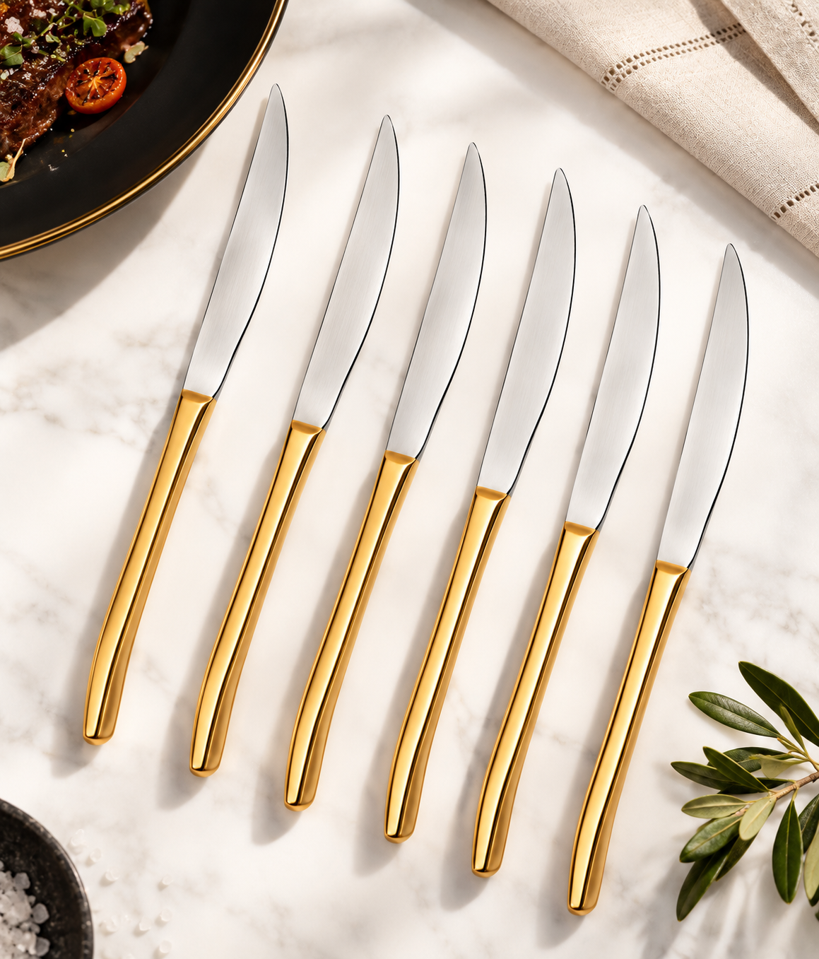 Kit 6 Facas de Mesa Berna Douradas em Aço Inox