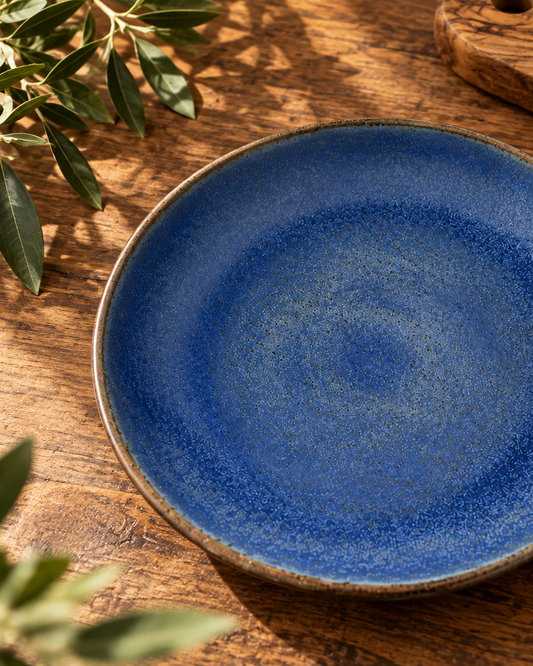 Kit 2 Pratos De Sobremesa Artesanal - Azul Fosco em Cerâmica