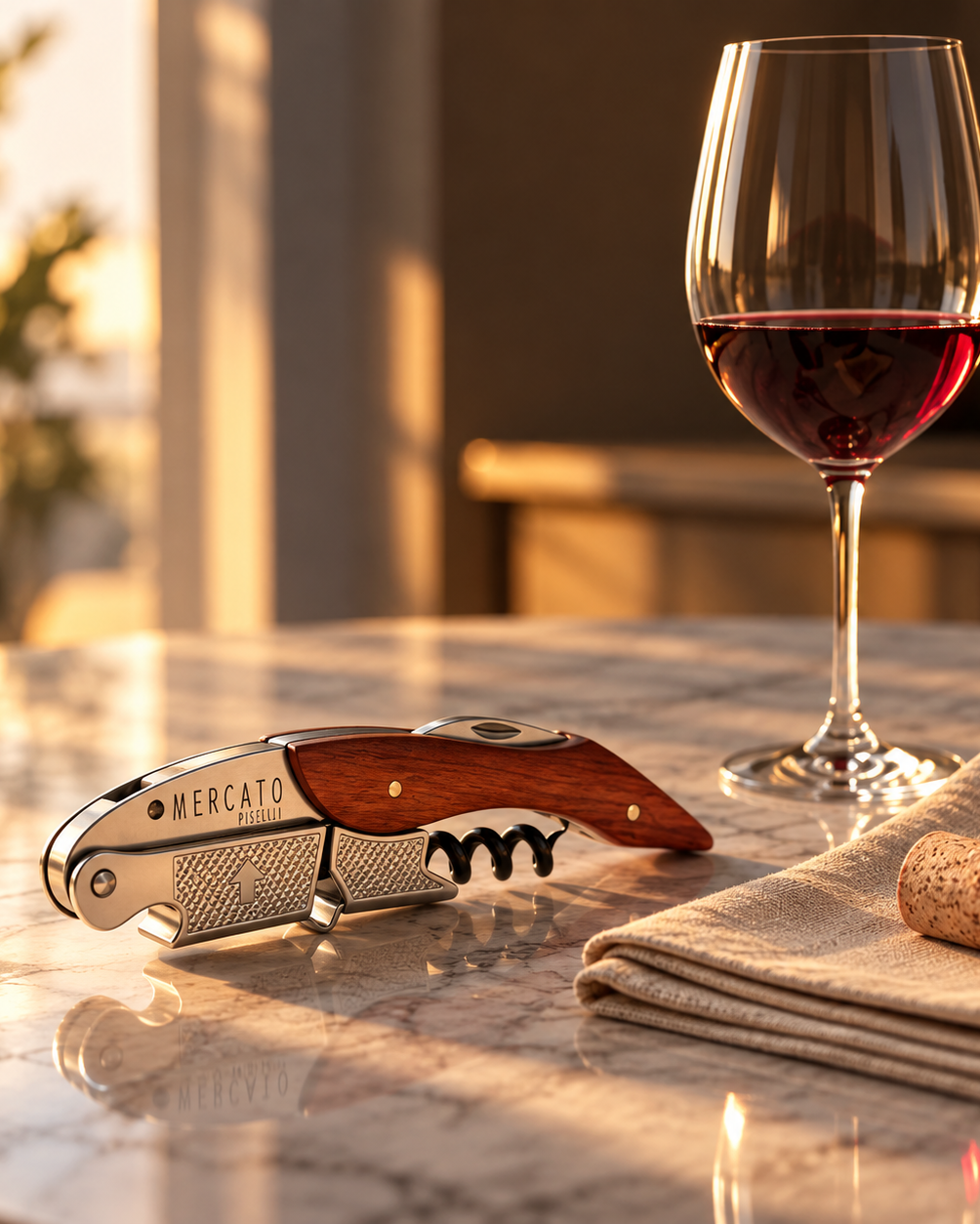 Abridor de Vinho Sommelier Mercato Piselli com Cabo em Madeira e Estojo