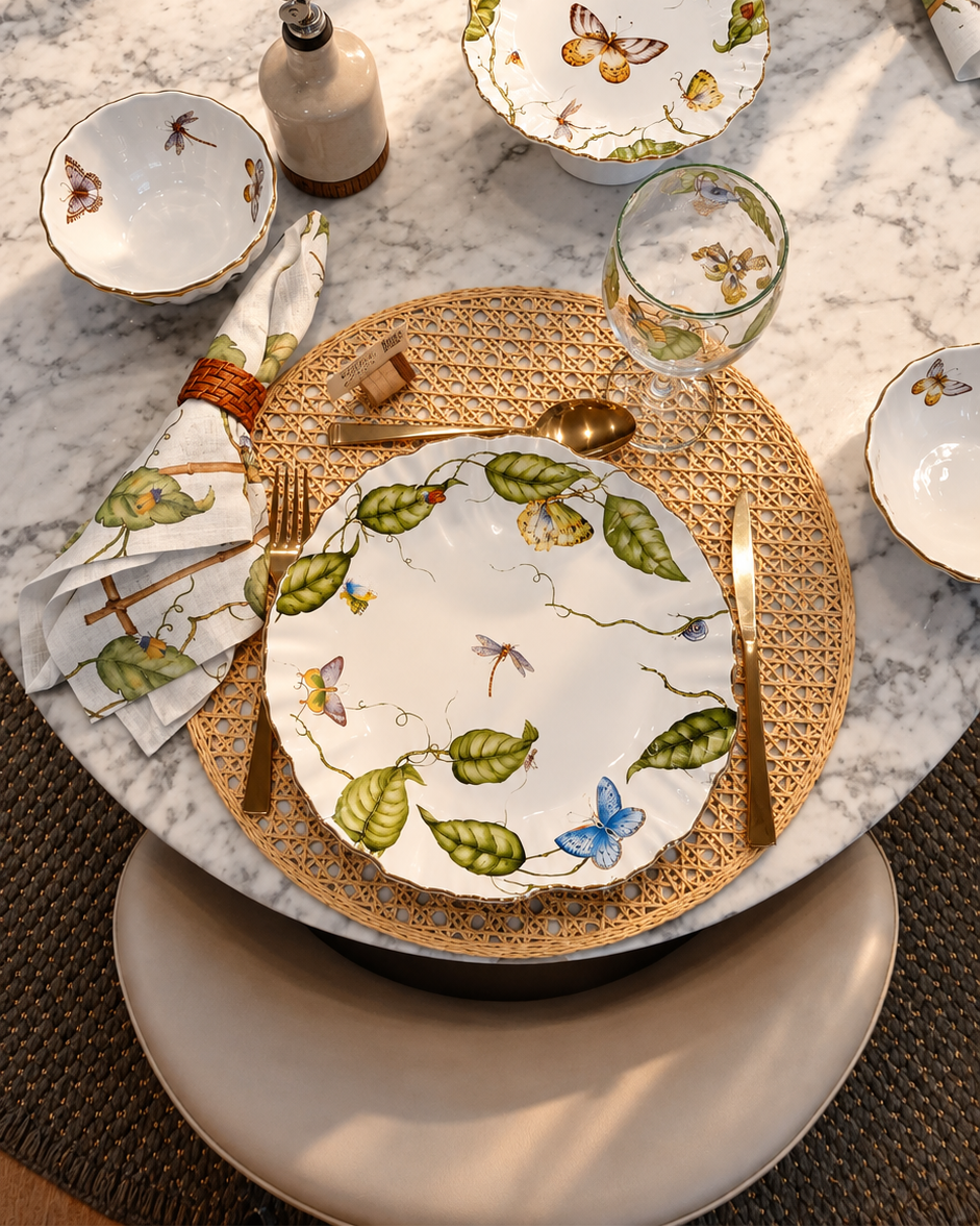 Kit de 2 Pratos Rasos Botanique em Faiança com Borboletas Azuis e Lilases
