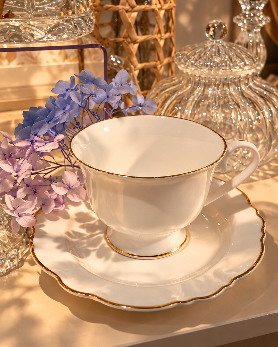 Kit de 6 Xícaras de Chá Maldivas Fio Dourado  em Porcelana