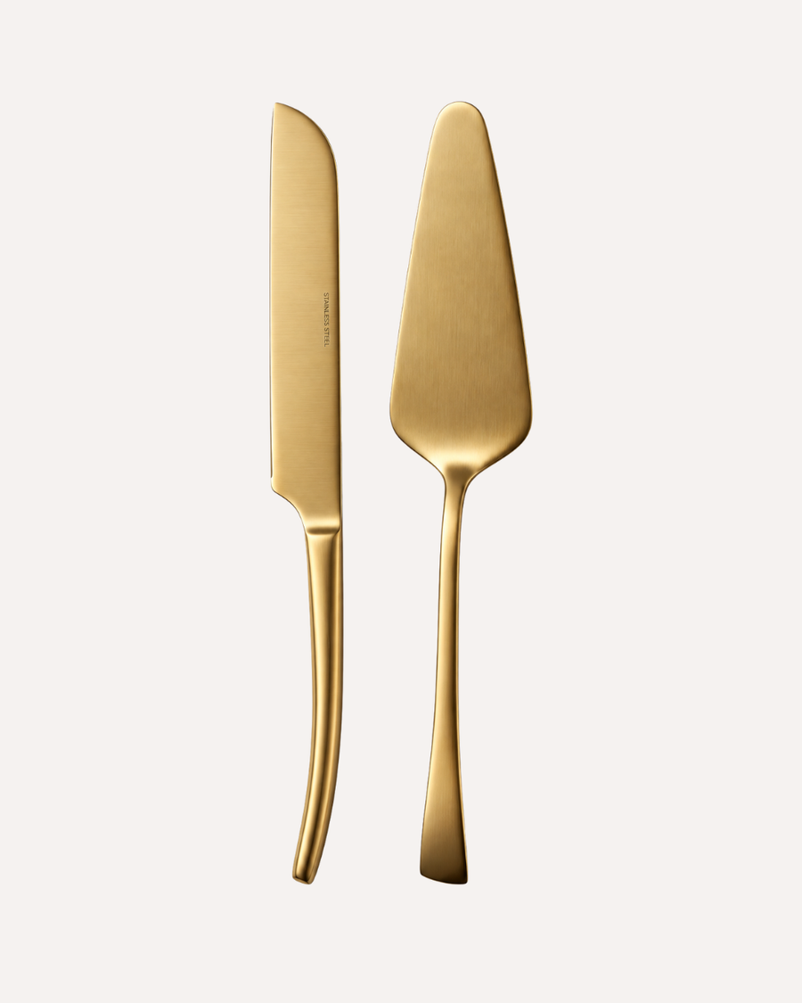 Kit para Bolo  Dourado Fosco  2 Peças em Aço Inox