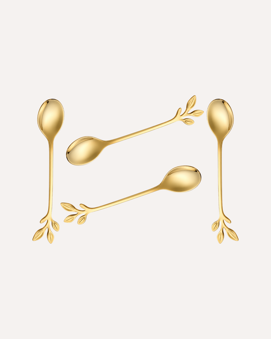 Kit 4 Colheres de Chá Leaves Dourado em Aço Inox