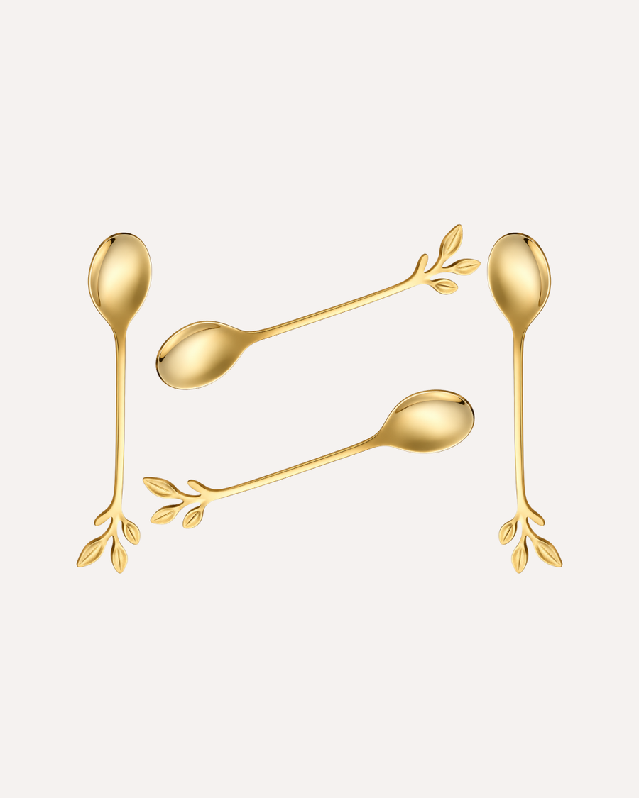 Kit 4 Colheres de Chá Leaves Dourado em Aço Inox