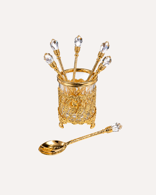 Kit 6 Colheres para Café e Chá com Suporte Dourado em Zamac