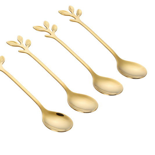 Set 4 Colheres de Chá em Aço Inox Leaves - Dourado Luxo
