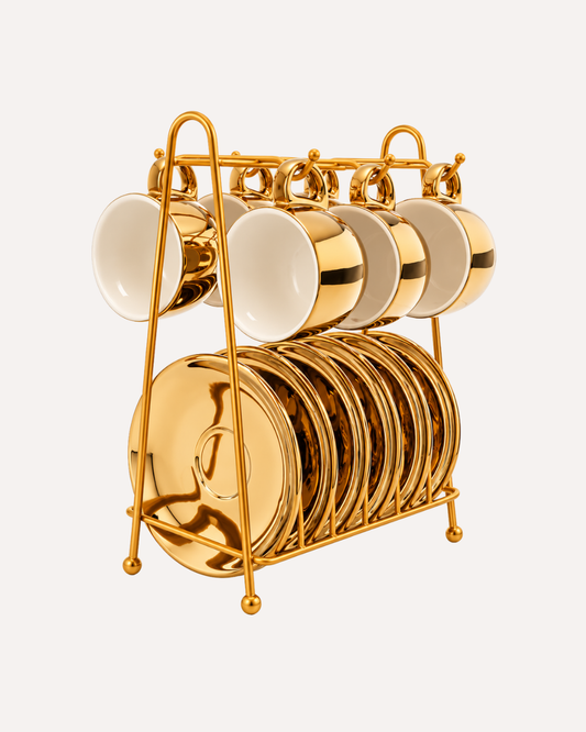 Kit 6 Xícaras de Café com Suporte - Versa Branco e Dourado em Porcelana