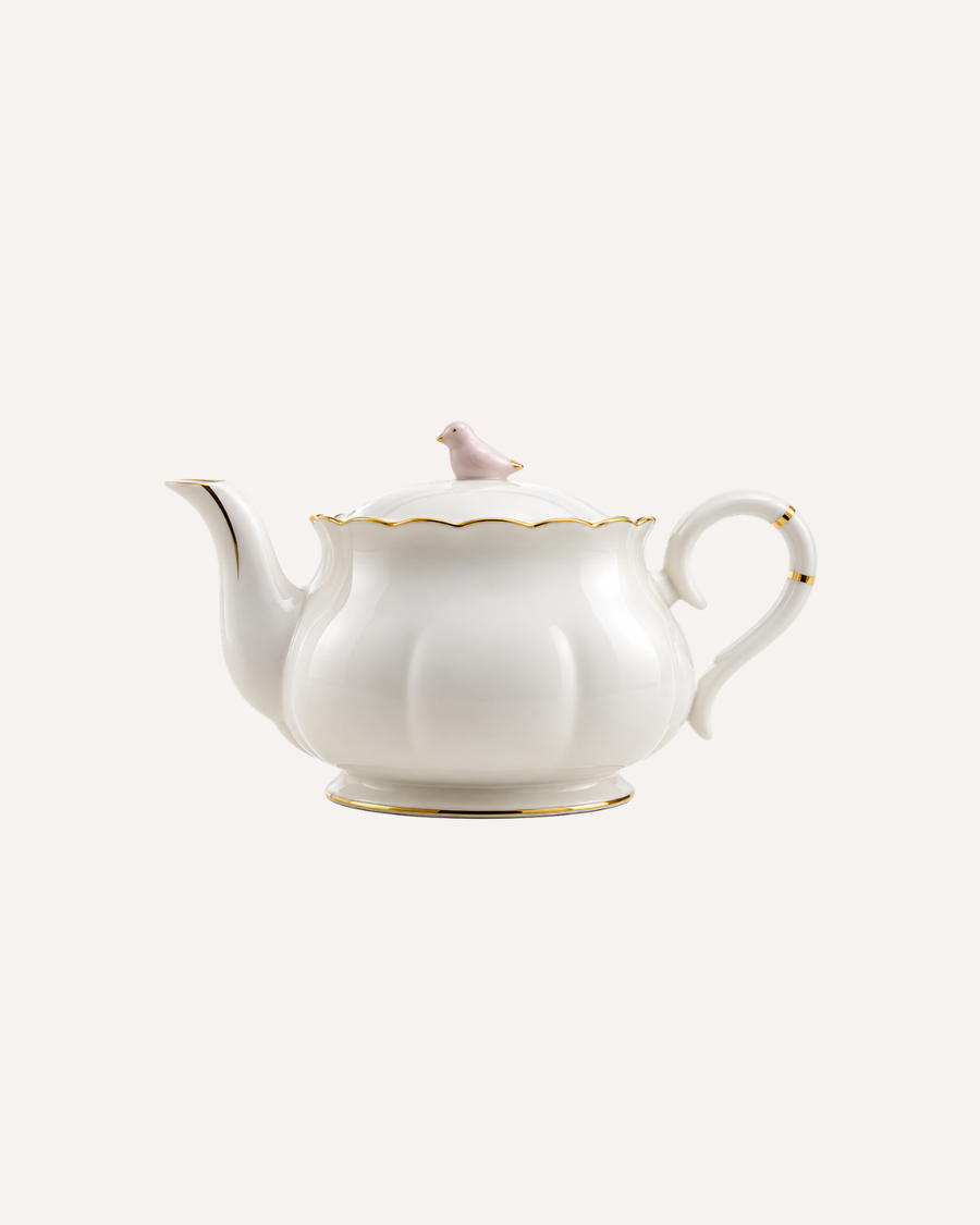 Bule de Porcelana Branco Bird com Fio de Ouro