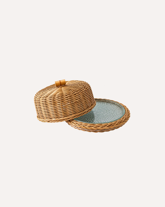 Queijeira Premium com Prato em Vidro e Detalhes em Vime Natural 22cm