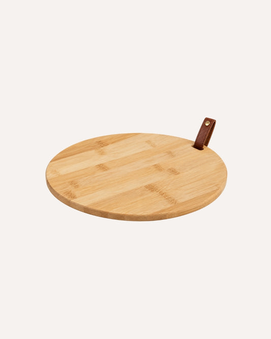 Tábua Petisqueira & Corte Redonda com Alça em Couro Ecológico em Bambu 28cm