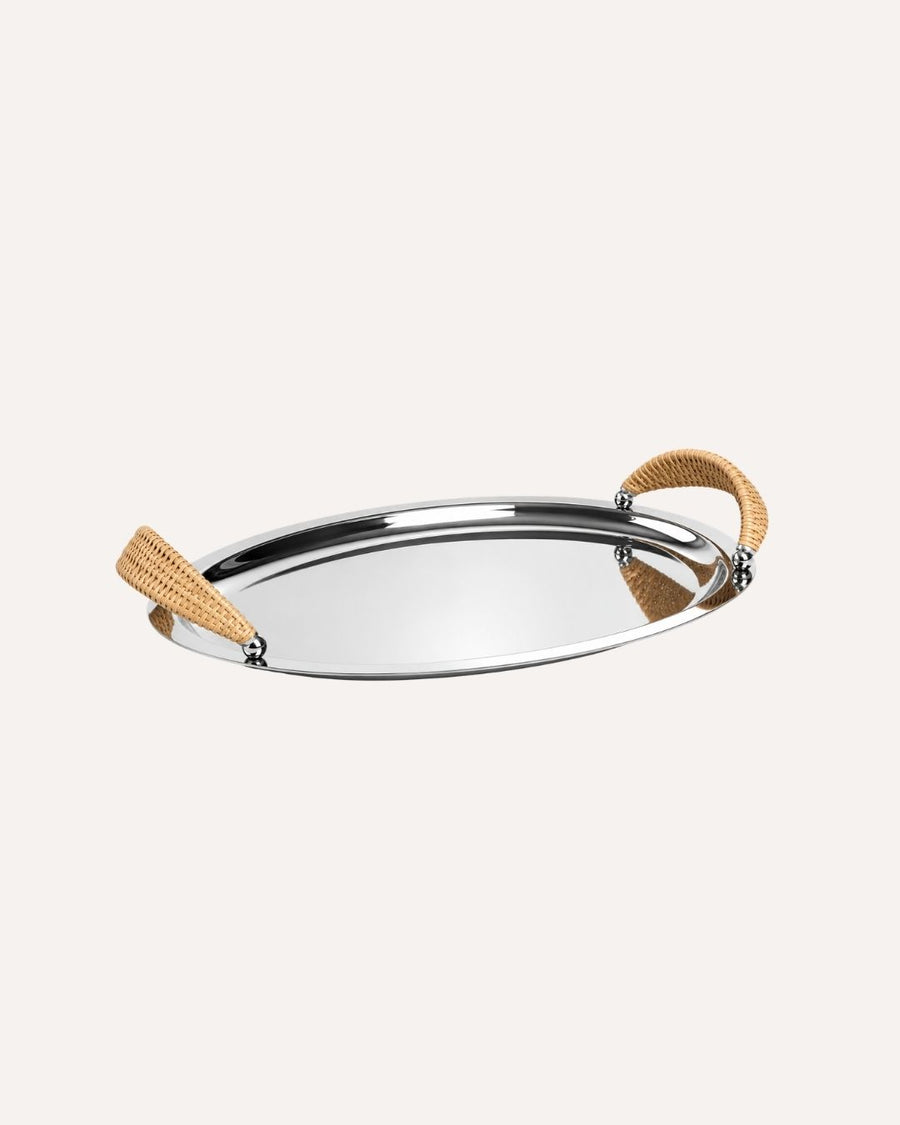 Bandeja em Aço Inox com Alça Rattan 38cm