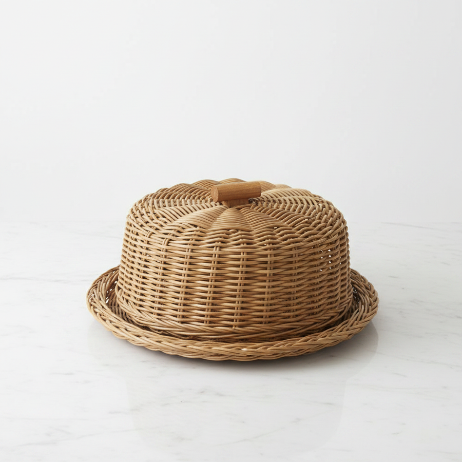 Boleira Premium com Prato em Acrílico e Detalhes em Vime Natural 31cm