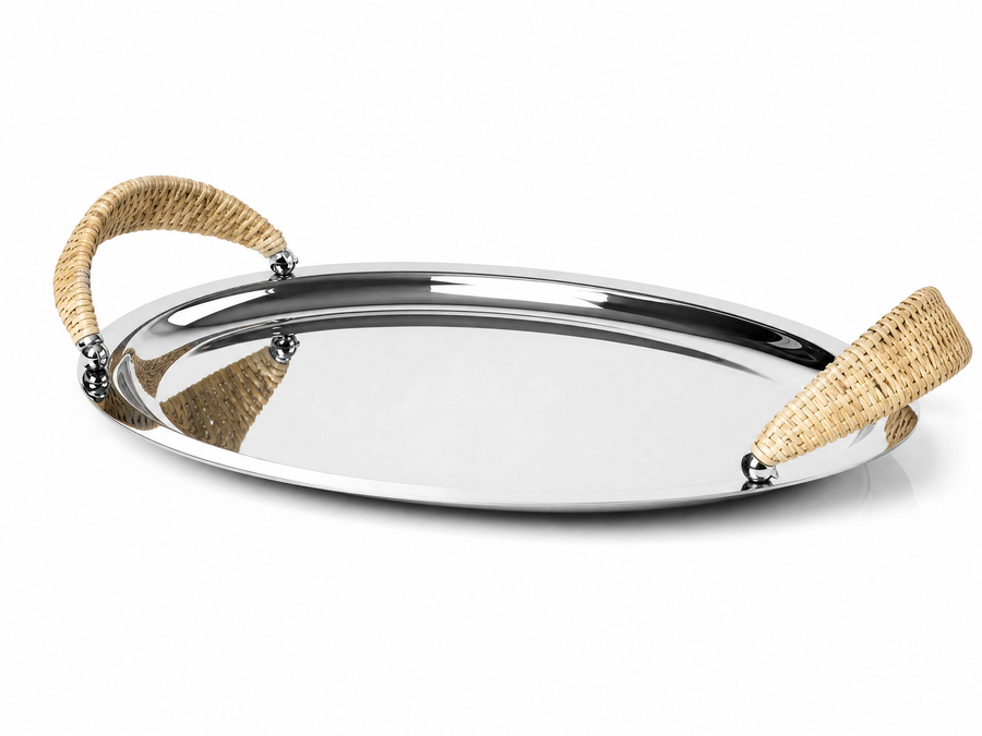 Bandeja em Aço Inox com Alça Rattan 38cm