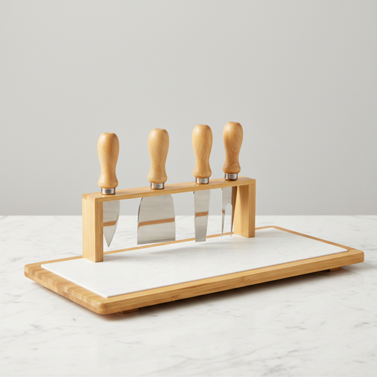 Conjunto Bandeja de Bambu com 4 Facas para Queijo