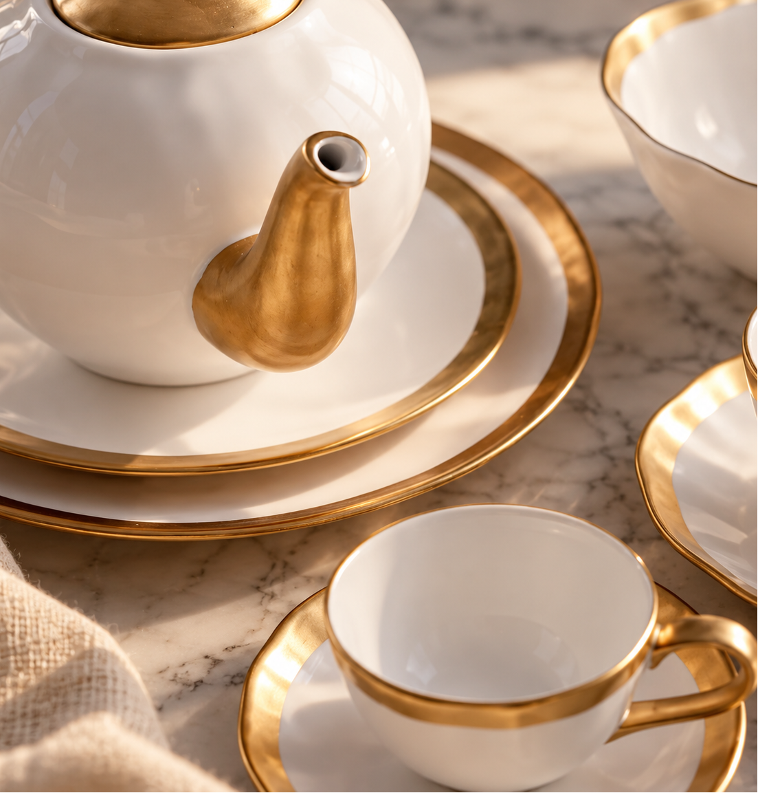 Bule de Chá Dubai Branco e Dourado em Porcelana