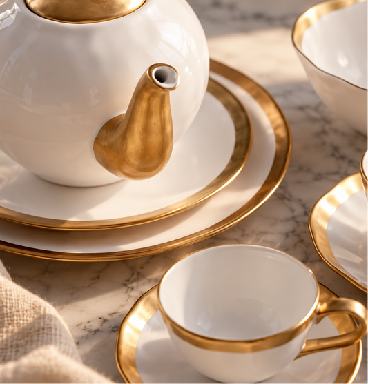 Bule de Chá Dubai Branco e Dourado em Porcelana