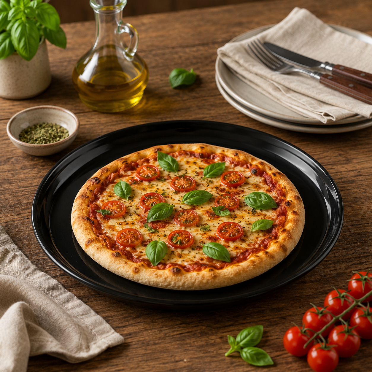 Pizza margherita na forma de pizza Ceraflame Preta em mesa rústica de madeira
